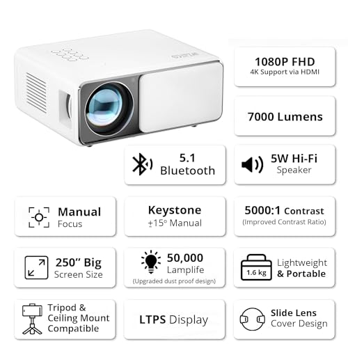 Image of WZATCO Yuva Plus Android Smart Projector, Native 1080P Full HD with 4K Support, 490 ANSI, 250 inch Screen | 5 Watt HiFi Speaker | Slide Lens Door