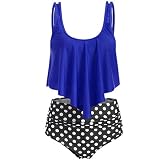 Dorical Damen Badeanzug Rüschen Bikini Sets High Waist Tankini Set Blumen Zweiteilige Bademode mit Retro Hoher Taille Strandkleidung Bikinihose Vintage Schwimmen Kostüm (13-Blau,Medium)