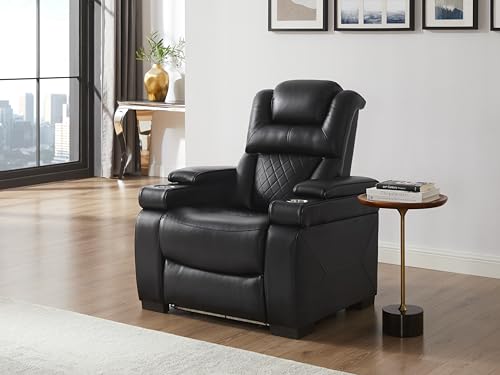 THSUPER Power Breathable Leather Reclining Chair with LED Light, Home Theater Seating Recliner Chair with Adjustable Headrest/USB Port/Cup Holder/Storage Arm for Living Room, Black