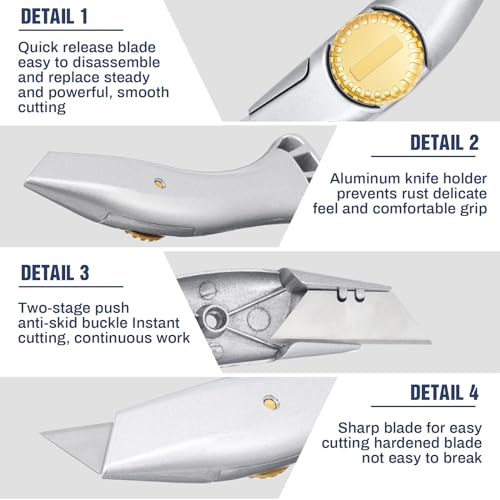 Leriton 4 Pcs Carpet Knife Heavy Duty Vinyl Drywall Knife Roofing with Replacement Fixed Utility Blades Silver Fixed Blade Roofer's Roofing Tools Cutter with Holster Belt Clip