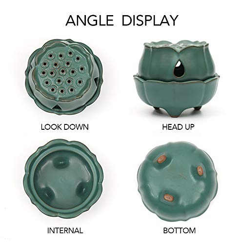 Nagu Incense Burner Holder, Handmade Ceramic Lotus Stick/Cone/Coil/Powdered Incense Bowl With Lid, Pottery Incense Powder Burner, Small Round Incense Ash Catcher Tray (Green) #TOP2