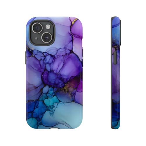 Coque iPhone 15 violet et bleu effet encre de luxe avec finition brillante premium