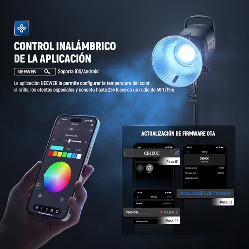Ficha técnica NEEWER CB100C 130w RGB LED Luz Video App 24G Control 360 Todo Color 2700K 6500K 27000lux m COB Bowens Mount Foco Iluminación Lámpara Continua Silenciosa TLCI CRI97 17 Escena para Estudio Fotografía - Fernando Cortés