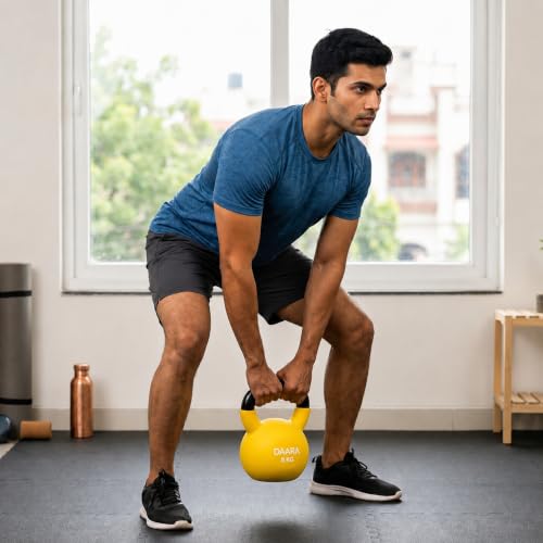 Image of DAARA Half Coating Neoprene Kettlebell, 8kg Yellow Cast Iron Kettle Bell with Non-Slip Grip Handle for Strength Training, Home Gym Workout Equipment for Men & Women (Proudly Made in India)