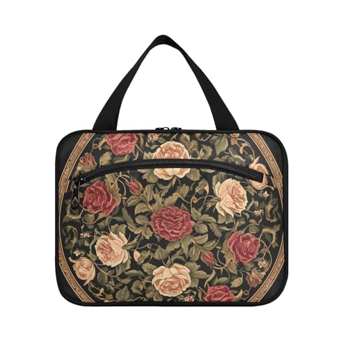 Bolsa de maquillaje vintage con patrón de hojas de rosa y gran capacidad
