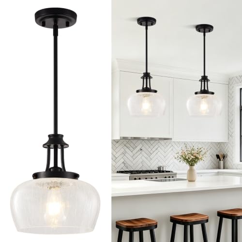 Image of Modern Pendant Lights Kitchen Island, Matte Black Pendant Light Fixtures with 10 inch Hand Blown Crack Glass Shade, Industrial Hanging Pendant Lights Fixture for Kitchen Island Dining Room Entryway