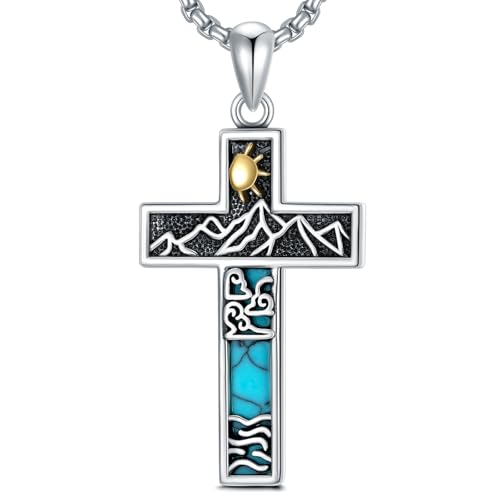 Turquoise Cross Necklace for Men Women S925 Sterling Silver Turquoise Pendant Necklaces Cross Jewelry Gifts