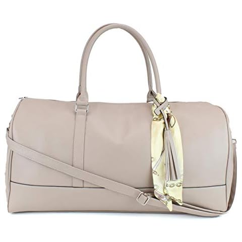 Women's Large PU Leather Weekender Duffel Bag with Satin Interior - Big 22" Carry-On Size Duffle - Tan Cover