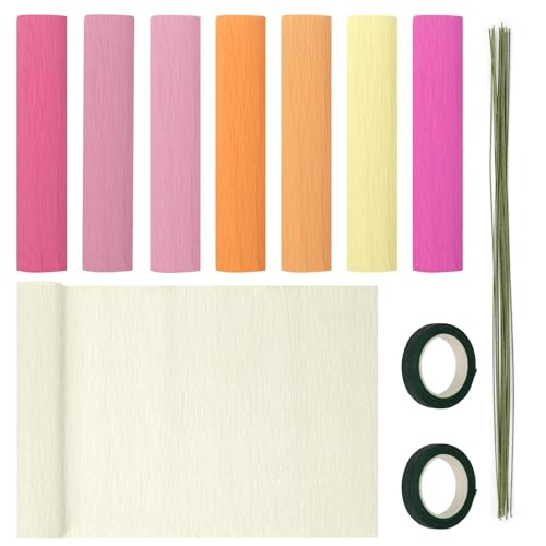 Mardatt 30Pcs Crepe Paper Flower DIY Kits, 8 Rolls 10 x 98Inch Crepe Paper Sheets with 20Pcs Floral Wire Stem, 2 Roll Floral Tape for Birthday Party Wedding Decor - 8 Colors Pink Series
