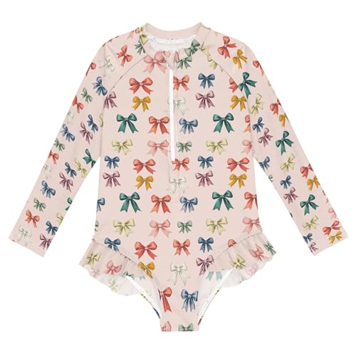 Colorful Bows Girls Long Sleeve Rashguard Swimsuit UV Protection One-Piece Swimwear Bathing Suit B0404900