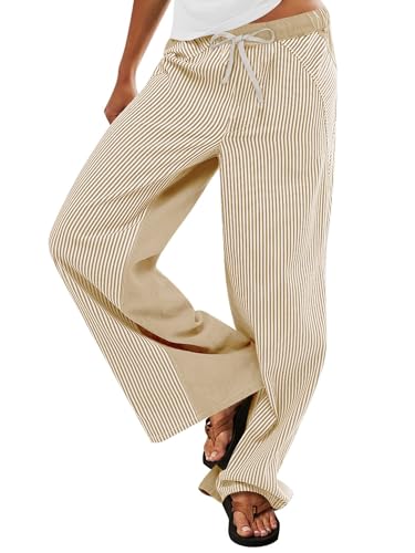 Image of PEIHOT Low Rise Striped Pants for Women Pull On Drawstring Boho Wide Leg Jeans Trendy 2026