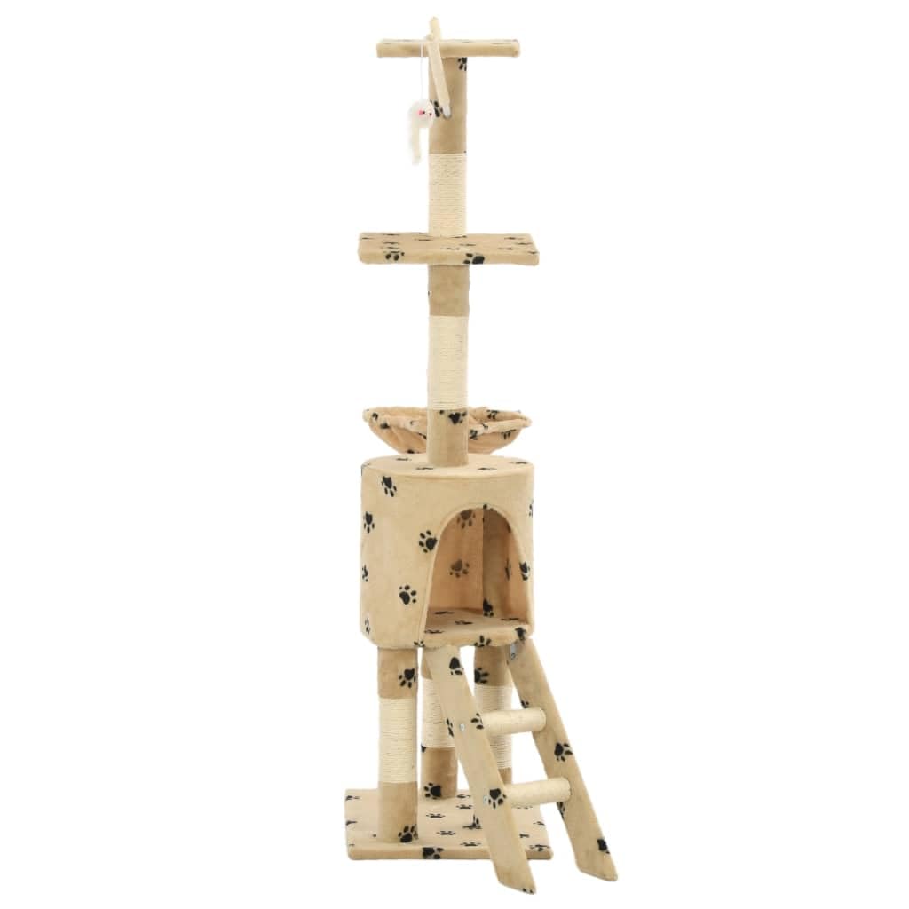 Árbol rascador para gatos con sisal y felpa, 138 cm, color beige con impresión de patas, árbol de escalada estable con barril rascador, plataforma de observación y cómoda cueva para gatos