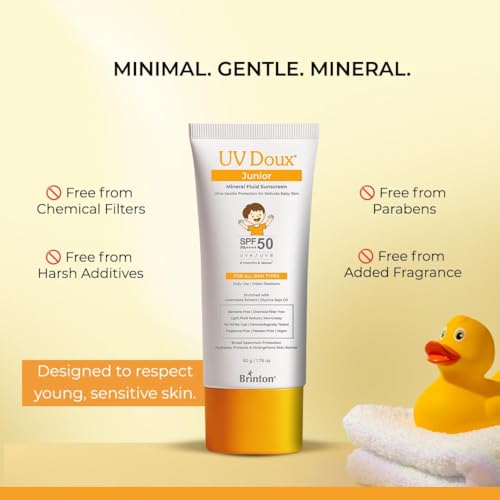 Image of Brinton UV Doux Junior Mineral Fluid Sunscreen SPF 50 for Babies & Kids | 100% Mineral Zinc Oxide | Chemical Filter Free | Fragrance Free | No White Cast | DermatologicallyTested | 50 g x 3