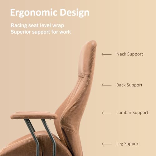 Image of High Back Home Office Chair, Mid Century Vintage Executive Chair,Comfy Ergonomic Rolling Office Task Chair with Lumbar Support,Brown Faux Leather Office Chair,Brown