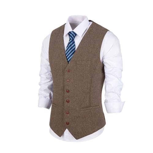 Bakerbear Men's Tweed Suit Vest Slim Fit Mens Vests Casual Herringbone Waistcoat Western Vest
