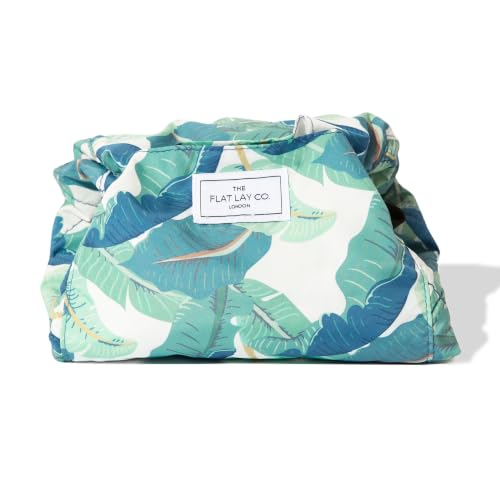 Image of The Flat Lay Co. Makeup Bag - Tropical Leaves Travel Drawstring Makeup Bag with Brush Holder & Large Pockets - Cosmetics Organiser Storage for Eyeshadow, Blushes, Lipstick, & Brushes