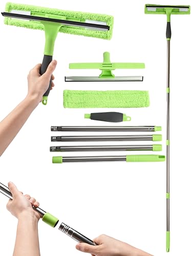 EasyGleam - Cepillo limpiador de ventanas telescópico 2 en 1 con escobilla de goma, herramienta para doble acristalamiento, techo de invernadero, baño, canalón y limpieza de cristales, incluye