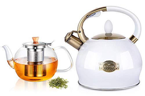 SUSTEAS 2.64 Quart Stove Top Whistling Tea Kettle and 40 Ounces Glass Teapot with Removable Stainless Steel Infuser