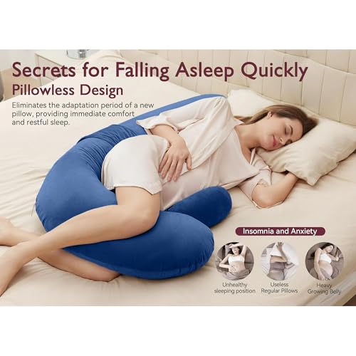 Image of J-Shaped Sleeping Pregnancy Pillow| Removable Velvet Covers| PregnoCare Fibres| Baby Shower Gift, Maternity, Nursing| Full Body Soft-Support Bump, Head, Back, Shoulder, Hips, Legs and Belly (Blue)