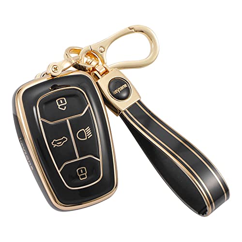 Image of Keyzone TPU Car Key Cover and Keychain fit for: Tata Nexon, Harrier, Tigor, Safari, Altroz, Punch Smart Key (Gold Black with Gold Black Keychain)