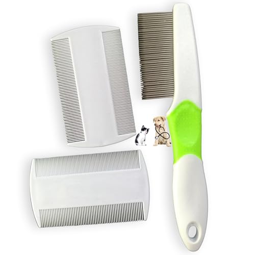 Peigne anti puces chien et chat, ebook offert Elimination des tiques, poux et poussière. Outil de toilettage acier inoxydable. Brosse à pointes arrondies anti blessure pour la peau Couleur aléatoire