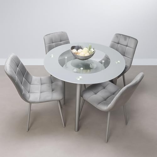 KOSY KOALA Round Glass Dining Table and Chairs Set Frosted Glass Kitchen Dining Table with 4 Grey Velvet Dining Chairs Modern Dining Room Furniture 90 x 90 x 75 cm