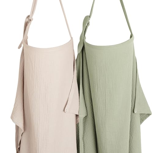 Image of Konssy 2-Pack Muslin Nursing Cover Up for Breastfeeding Moms with Rigid Hoop, 100% Cotton, Lightweight & Breathable Breastfeeding Cover, Adjustable & Comfort
