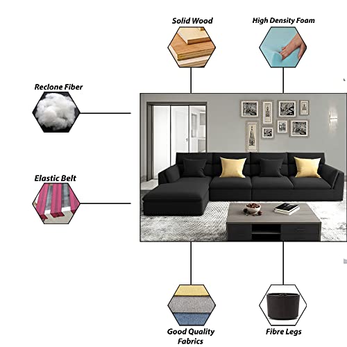 Image of Casaliving Delton LHS 6 Seater L Shape Sofa Set for Living Room (Black) Premium Fabric