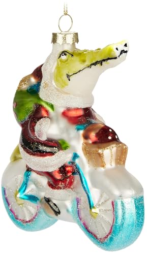 BRUBAKER Coccodrillo di Babbo Natale in Bicicletta - Pallina di Natale in Vetro Dipinto a Mano - Bauble da 13 cm - Decorazione per l'Albero di Natale Soffiata a Bocca - Figurina Ciondolante Divertente