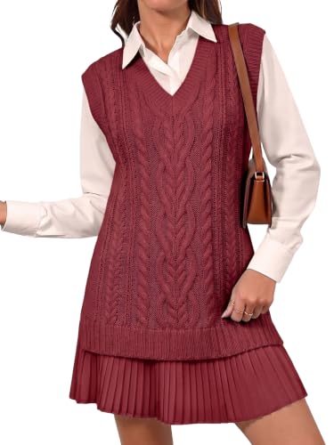 Fisoew Womens Cable Knit Sweater Vest Pleated Patchwork Sleeveless Dress