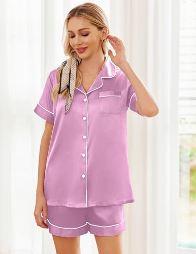 Image of Ekouaer Womens Silk Satin Pajama Sets Soft Short Sleeve Button Down Sleepwear Top and Shorts 2 Piece Pjs Lounge Set,Purple Red,S