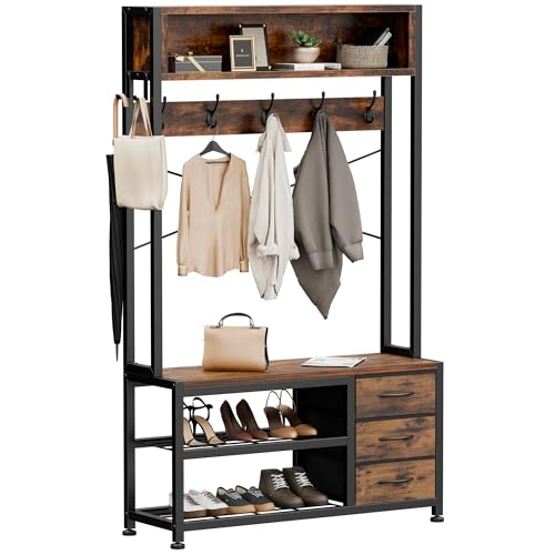 Buluri Garderobenständer mit Schuhablage, Garderobe mit Sitzbank, 12 Haken, 3 Schubladen und 1 Ablagefläche, Metallrahmen, 30 x 80 x 180 cm, für Flur Eingänge (Rustikal Braun)