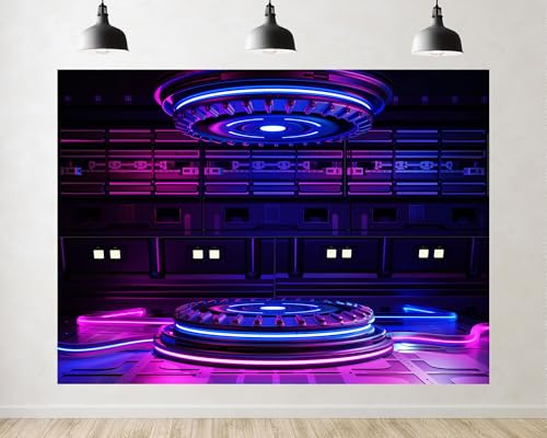 Trykid 5x5ft Futuristic Holographic Podium Backdrop Cyberpunk Neon Glowing Stage Sci Fi Photography Background Product Display Gaming Party Decoration Tapestry Photo Booth Prop Fabric