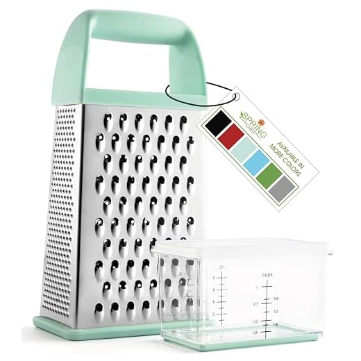 Spring Chef Professional Cheese Grater With Storage Container, Stainless Steel & Soft Grip Handle, 4 Sides, Handheld Kitchen Food Shredder Best Box Grater for Parmesan, Vegetables, Ginger, 10" Mint