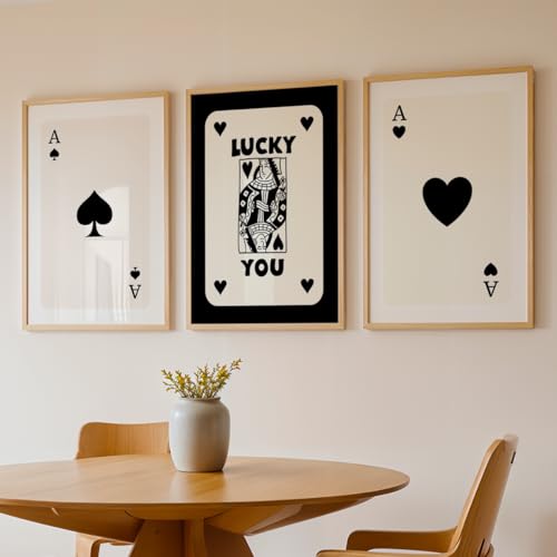 Image of NoWorries Playing Cards Wall Framed Painting Set | Lucky Card Art & Heart Ace Posters Frames | Premium 300 GSM Paper Print with Synthetic Wooden Frame | Minimal Black & White Aesthetic Wall Decor for Living Room & Bedroom (Pattern-illustration) (Set of 3) (NATURAL, ART-5, 13X19INCHES)