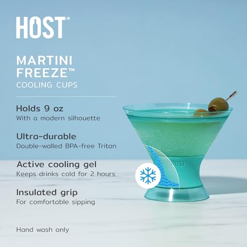 Image of HOST Freeze Insulated Martini Cooling Cups, Plastic Freezer Gel Chiller Double Wall Stemless Cocktail Glass Set of 2 9oz, Tinted Aqua Blue, Green