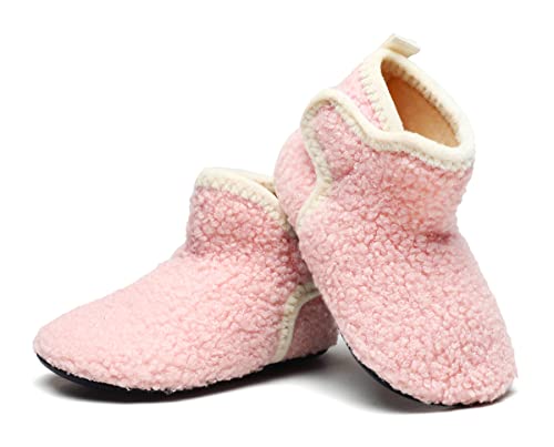 Hayeabi Toddler Kids Lightweight Winter Fuzzy Warm Indoor Outdoor House Slippers Non-Slip Grip Comfy Home Floor Shoes for Boys Girls (Ha20065Pink21)