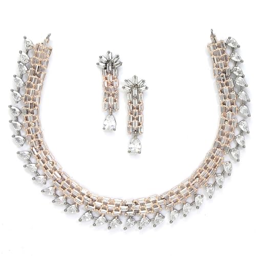 ZENEME Rose Gold-Plated White and Rose Black American Diamond Stone-Studded Necklace with Earrings Jewellery Set for Women & Girls (Rose Black White)