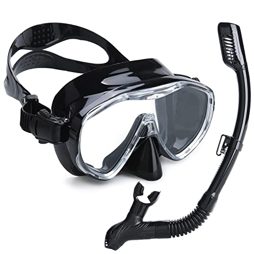 Dizokizo Snorkel Set Single-Pane Adult Snorkeling Scuba Gear, Professional Snorkel Goggles Anti-Fog Diving Mask, Anti-Leak Swim Goggles and Dry Top Snorkel for Diving, Snorkeling, Swimming (Black)