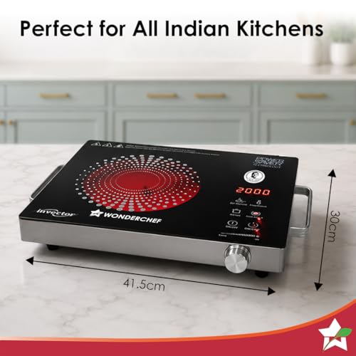 Image of Wonderchef Smart Cook Infrared Electric Cooktop, Crystal Glass Surface, Single Burner with 2 Heat Settings, BBQ Grill, 2000W, Compatible with Steel,Ceramic,Cast-iron,Aluminium Cookware, 2-Yr Warranty