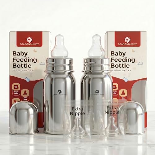 Image of StarAndDaisy Baby Milk Bottle for new Born /Infant /Toddler Pack of 2-150 ML SUS 304 Steel Baby Feeding Bottle for 0+ Months, BPA Free Leakproof Bottle, Anti Colic, Easy to Clean & Extra Nipple