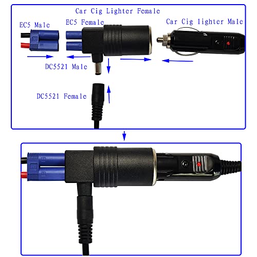 Jinkaiming 2Pcs 12V/24V Ec5 Female To Cigarette Lighter Female With Waterproof Cover To Dc5.5Mmx2.1Mm Male Connector Car Start Emergency Power Adapter For Auto Vacuum Cleaner Battery Jump Starter #TOP1