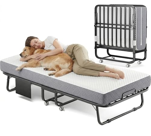 Decofy Folding Bed with Memory Foam Mattress, Portable Rollaway Guest Beds on Wheels, 75'x31' Twin Size Space-Saving Cot-Size Bed for Adults with Easy Assembly Metal Frame (White)