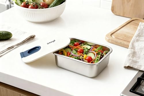 Image of STEGL 1050ml Rectangle Stainless Steel Food Container | Premium 304 Grade Steel Base | One-Hand Easy-Slide Lid with Pull-Ring | Airtight Leak-Proof Meal Prep Storage Container