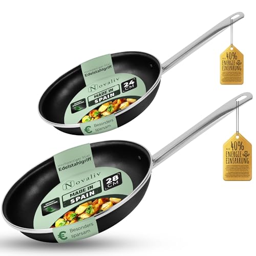 Novaliv Energiesparpfanne 24-28 cm Einsparung bis zu 40% Emaillierter Stahl Antihaft Beschichtung innen sehr leicht zu reinigen Schwarz Pfanne für alle Herdarten Spülmaschinenfest Edelstahlgriff