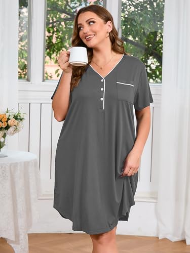 AusLook Plus Size Gray Nightgown for Women Midi Sleep 2X Dress Short Sleeve V Neck Loose Fit Lounge House Dress Soft Casual Night Dress — view 3
