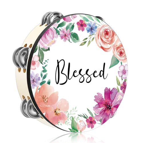 Fiada Tambourines for Adults 10 Inch Church Christian Flowers Dance Tambourine Double Row Jingle Bible Hand Bell Drum for Church Pray Party Percussion Musical Instrument Hand Bell Clap Drum(Blessed)