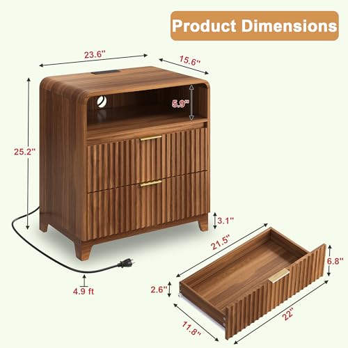 Image of Night Stand Fluted Nightstand with Charging Station, 24 inch Wide Modern Side Table with 2 Drawers and Open Storage Cabinet, Wood Dresser Bedside End Table for Bedroom, Walnut