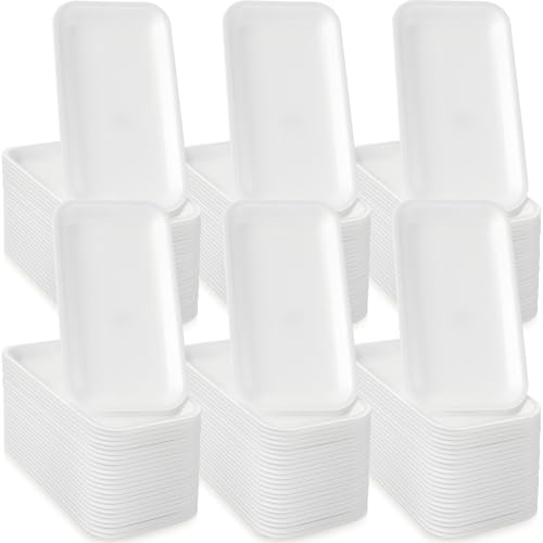 eBoot 100 Pcs Foam Meat Trays White Foam Crafts Trays Bulk Disposable Food Plates Rectangle Painting Dish for Halloween Christmas Printmaking DIY Art Supplies 8.3 x 4.4 x 0.55 Inches