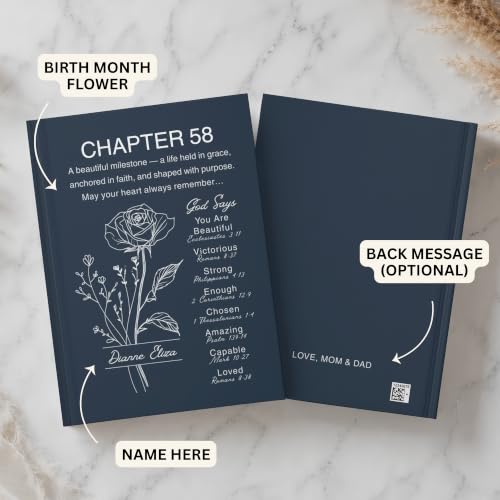 Personalized 58th Birthday Journal, Christian Faith Gift, Custom Name Birth Flower Notebook, Hardcover Floral Diary, 58th Birthday Keepsake for Mom, Dad, Wife, Husband, Sister, Brother, Grandma, Grandpa, Friend - VERSE58_5 - Image 3